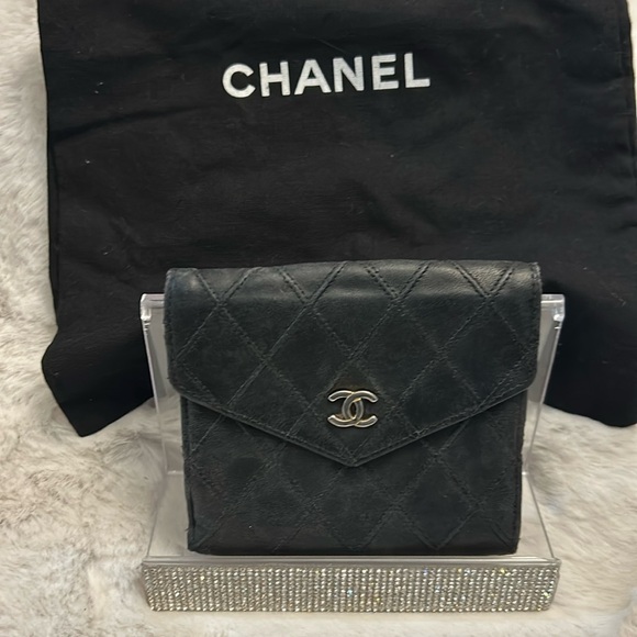 CHANEL Handbags - Chanel black diamond stitched lamb leather small bifold wallet.